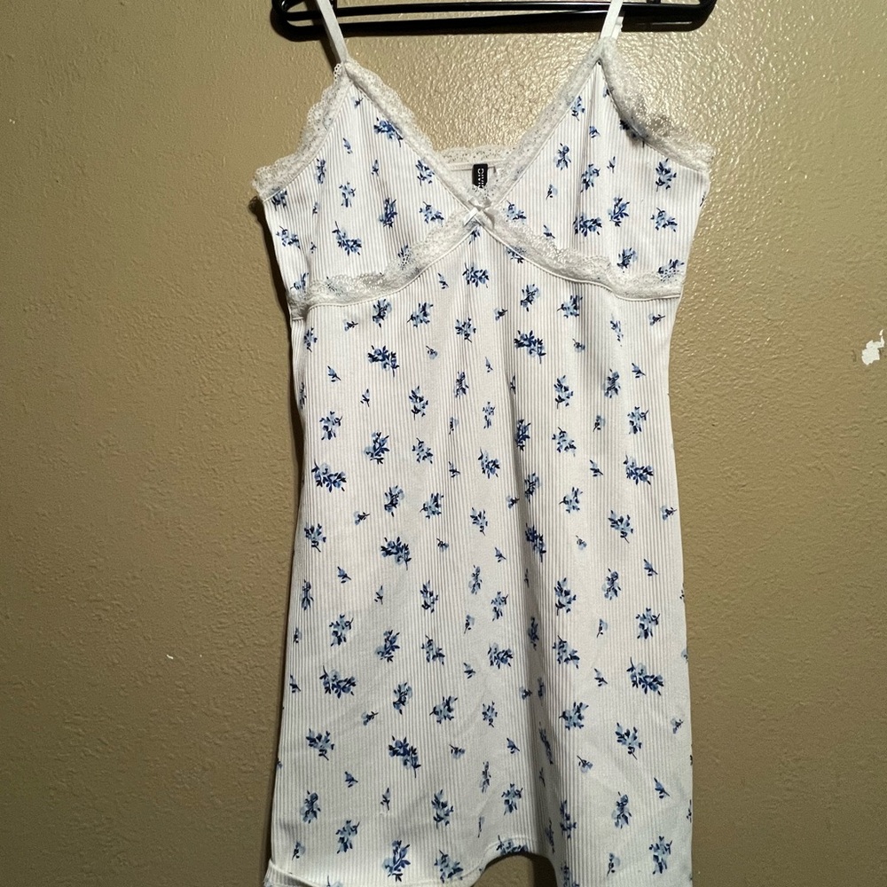 Divided White Slip Dress with Blue Floral Print and Lace Trim